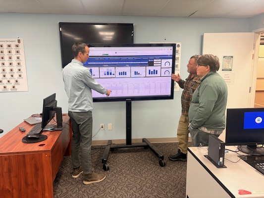 Three men stand around a monitor displaying a dashboard
