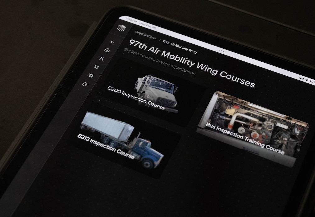 The 97th Logistics Readiness Squadron (LRS) AI virtual vehicle inspection courses are displayed at Altus Air Force Base, Oklahoma, Feb. 25, 2026. The 97th LRS highlighted the inspection courses during a hands-on immersion tour with the 97th Air Mobility Wing (AMW) command team, illustrating the 97th AMW’s commitment to innovative techniques that promote safety and enhance readiness. (U.S. Air Force photo by Airman 1st Class Emma Wright)