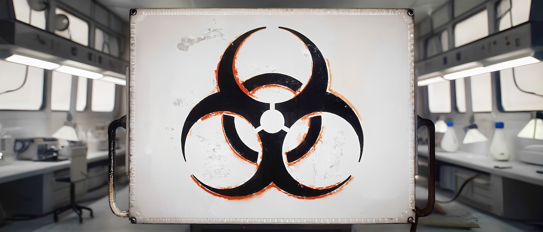 Biohazard symbol inside a high-containment lab