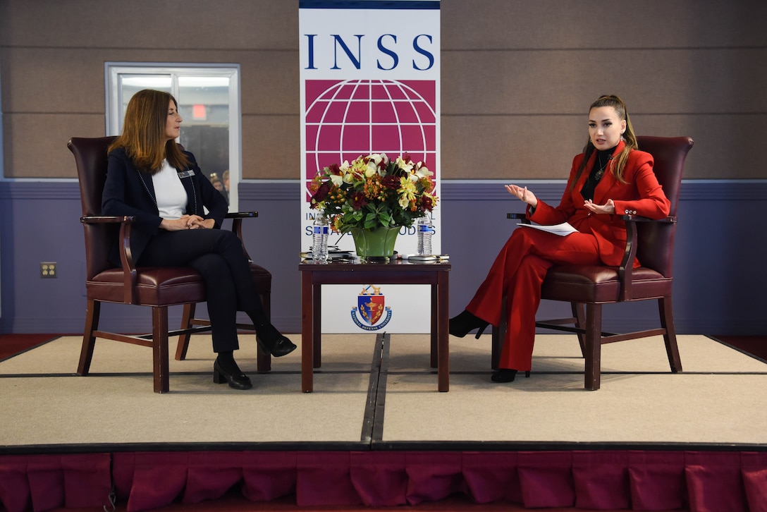 Dr. Denise Natali (left) and Dr. Mahsa Rouhi (right) sit opposite of each other during an INSS National Security Talk.