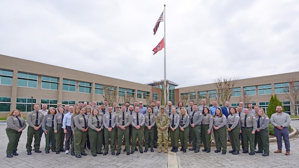 Lt. Col. Guillermo Guandique, U.S. Army Corps of Engineers Nashville District commander, poses for a group photo with the district’s park rangers March 10, 2026, during the annual Park Ranger Workshop at Chattanooga State Community College in Chattanooga, Tennessee. (USACE Photo by Lee Roberts)