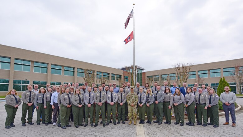 Lt. Col. Guillermo Guandique, U.S. Army Corps of Engineers Nashville District commander, poses for a group photo with the district’s park rangers March 10, 2026, during the annual Park Ranger Workshop at Chattanooga State Community College in Chattanooga, Tennessee. (USACE Photo by Lee Roberts)