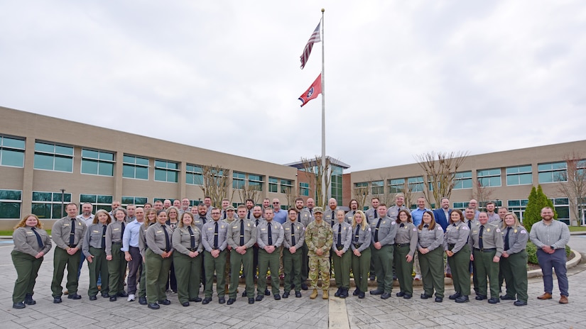 Lt. Col. Guillermo Guandique, U.S. Army Corps of Engineers Nashville District commander, poses for a group photo with the district’s park rangers March 10, 2026, during the annual Park Ranger Workshop at Chattanooga State Community College in Chattanooga, Tennessee. (USACE Photo by Lee Roberts)