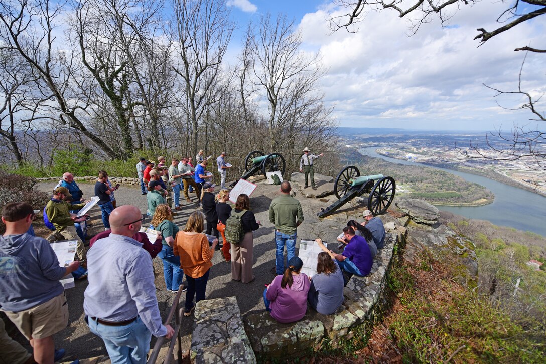Historian Jim Ogden, Chickamauga and Chattanooga National Military Park, leads Nashville District’s park rangers on a tour of Point Park March 11, 2026, at Lookout Mountain, Tennessee, during the annual Park Ranger Workshop. The park rangers benefitted from the National Park Service presentation that demonstrated how storytelling can be impactful and educational.  (USACE Photo by Lee Roberts)