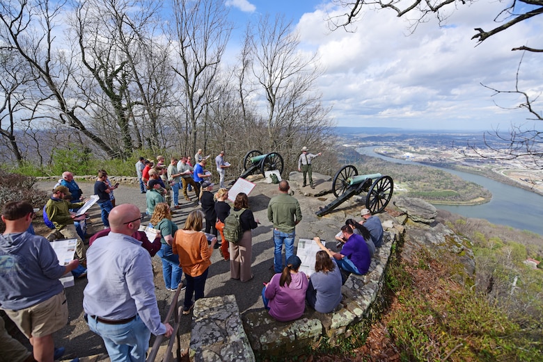 Historian Jim Ogden, Chickamauga and Chattanooga National Military Park, leads Nashville District’s park rangers on a tour of Point Park March 11, 2026, at Lookout Mountain, Tennessee, during the annual Park Ranger Workshop. The park rangers benefitted from the National Park Service presentation that demonstrated how storytelling can be impactful and educational.  (USACE Photo by Lee Roberts)