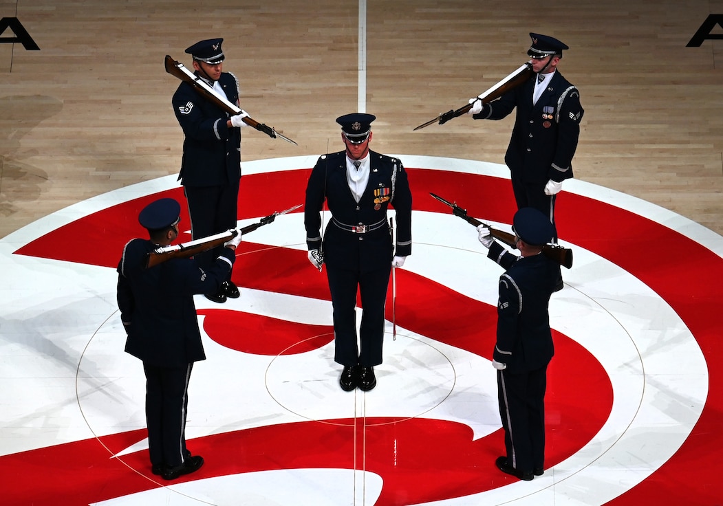 Air Force Honor Guard performs during NBA halftime show