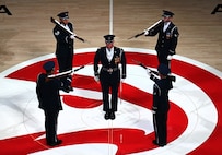The U.S. Air Force Honor Guard Drill Team performs a weapons drill routine during an NBA halftime show in Atlanta, Ga., March 12, 2026. Originally created in 1948, the Drill Team performs more than 100 times a year at national sporting events, international military tattoos, community celebrations and school events, showcasing the Air Force’s readiness and excellence. (U.S. Air Force photo by Tech. Sgt. Sergio A. Gamboa)