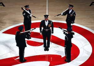 The U.S. Air Force Honor Guard Drill Team performs a weapons drill routine during an NBA halftime show in Atlanta, Ga., March 12, 2026. Originally created in 1948, the Drill Team performs more than 100 times a year at national sporting events, international military tattoos, community celebrations and school events, showcasing the Air Force’s readiness and excellence. (U.S. Air Force photo by Tech. Sgt. Sergio A. Gamboa)