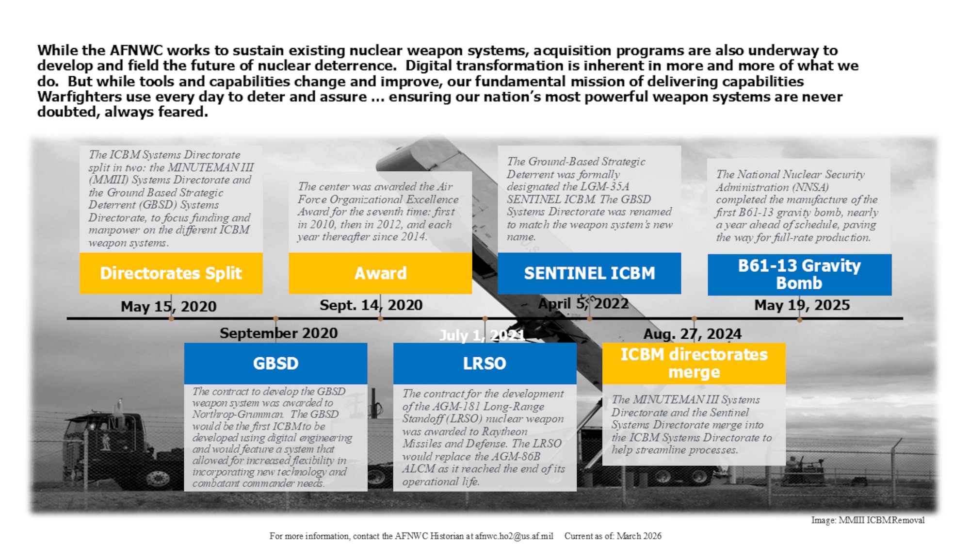 Text blocks against a black and white photo of a Transporter Erector