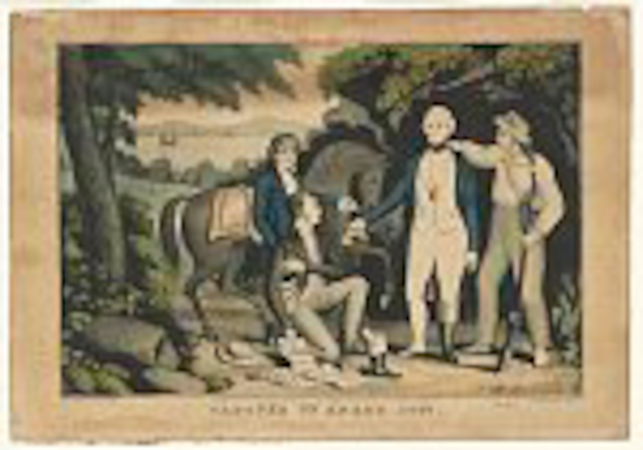 A kneeling man in historical attire removes one of his boots, from which documents fall out. Three men stand nearby in similar attire in a countryside. One man is holding the reins of a horse.