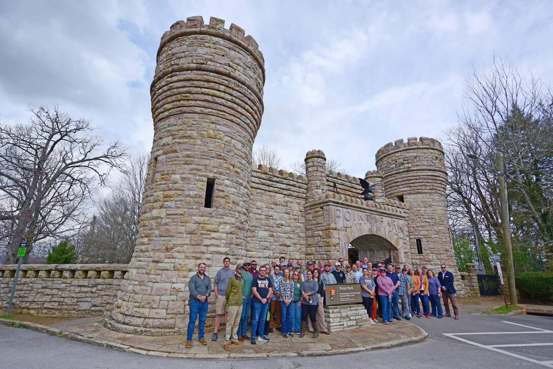 Nashville District’s park rangers pose for a photo March 10, 2026, at the entrance of Point Park in Lookout Mountain, Tennessee, during the annual Park Ranger Workshop. The U.S. Army Corps of Engineers constructed this “Corps Castle” in 1905 at the nation’s first National Military Park.  (USACE Photo by Lee Roberts)