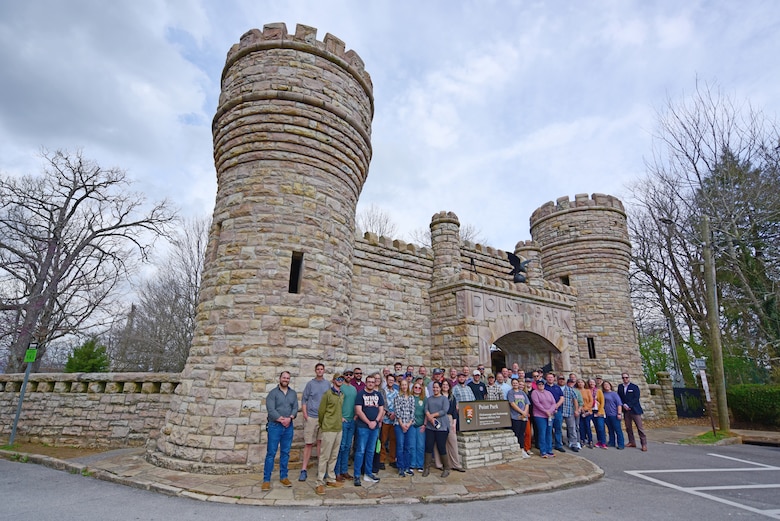 Nashville District’s park rangers pose for a photo March 10, 2026, at the entrance of Point Park in Lookout Mountain, Tennessee, during the annual Park Ranger Workshop. The U.S. Army Corps of Engineers constructed this “Corps Castle” in 1905 at the nation’s first National Military Park.  (USACE Photo by Lee Roberts)