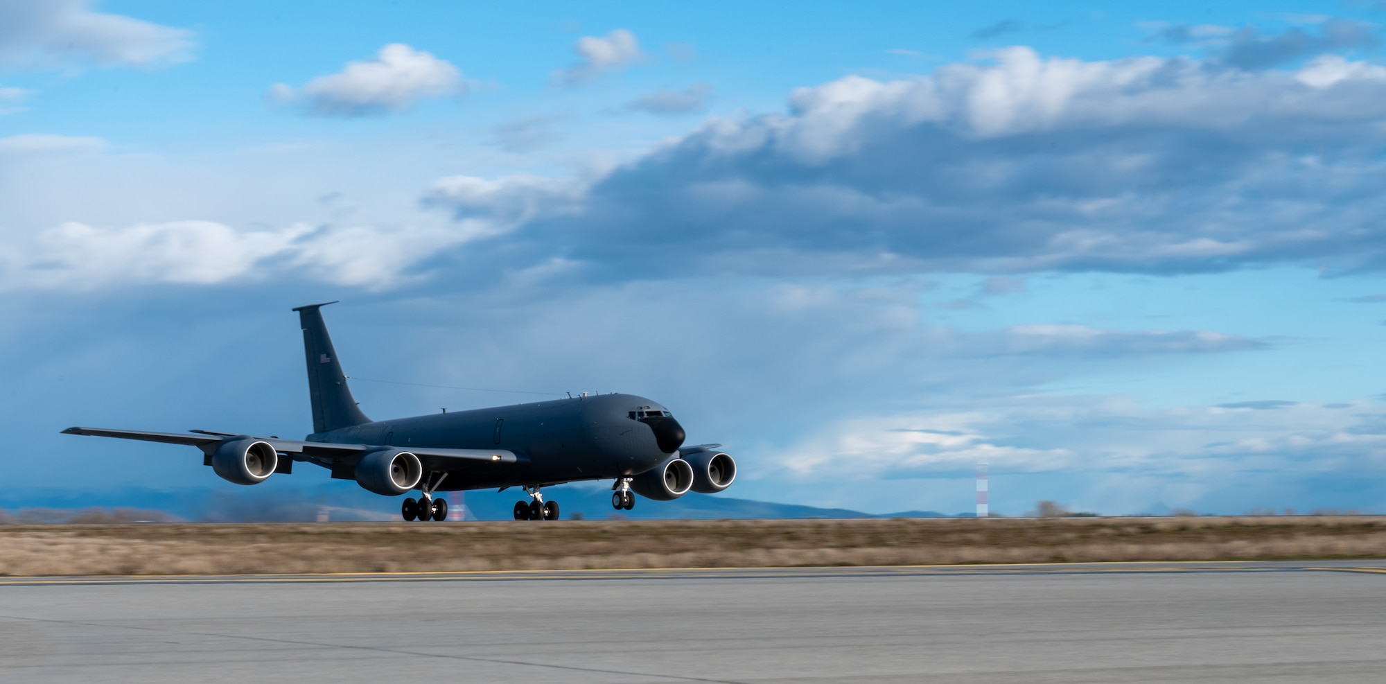 A KC-135 Stratotanker lands at Fairchild Air Force Base, Washington.