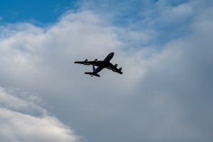 A KC-135 Stratotanker flies over Fairchild Air Force Base, Washington
