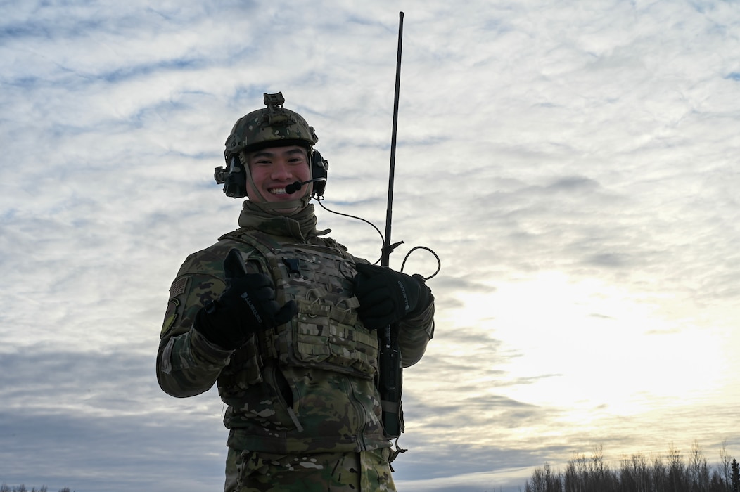 U.S. Air Force 1st Lt. Aaron Yu, 354th Operations Support Squadron airfield operations flight director of operations, poses for a photo before facilitating a landing zone operation at Eielson Air Force Base, Alaska, Feb. 17, 2026.