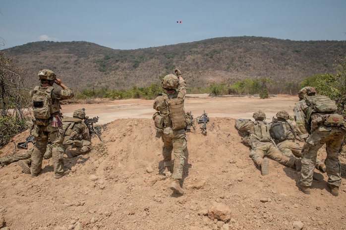 U.S. Army Soldiers assigned to 5th Battalion, 20th Infantry Regiment, 1st Battalion, 2nd Stryker Brigade Combat Team engage targets with a M249 machine gun during a live fire exercise as part of Hanuman Guardian in Lopburi, Thailand, March 12, 2026.