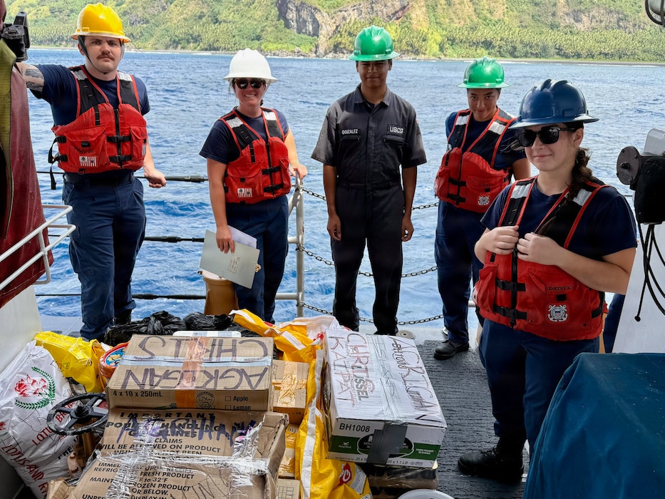 On Feb. 22, 2026, the crew of the USCGC Frederick Hatch (WPC 1143) stands for a photo as they prepare to deliver supplies to the residents of Agrihan Island in the Commonwealth of the Northern Mariana Islands in coordination with the Northern Islands mayor's office and a routine Operation Rematau patrol.