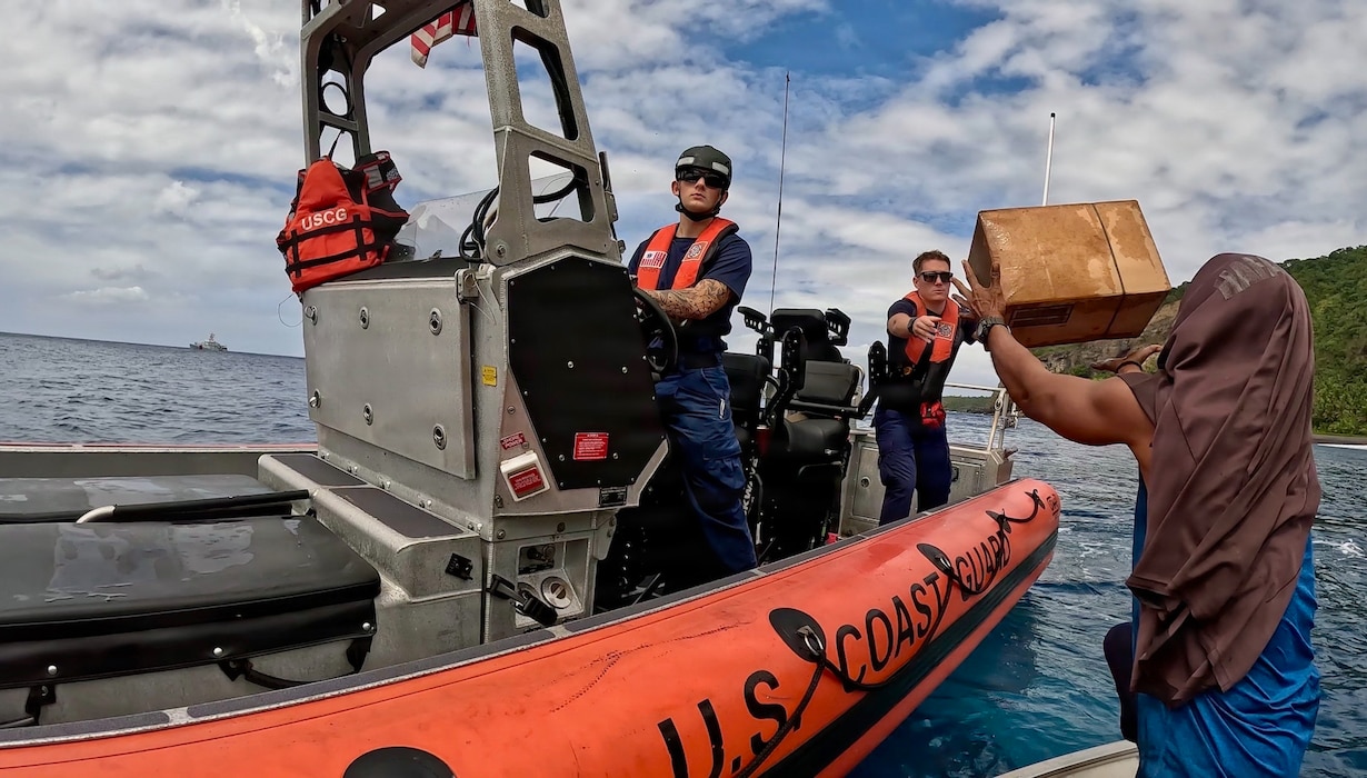 On Feb. 23, 2026, the crew of the USCGC Frederick Hatch (WPC 1143) delivers supplies to the residents of Pagan Island in the Commonwealth of the Northern Mariana Islands in coordination with the Northern Islands mayor's office and a routine Operation Rematau patrol.