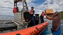 On Feb. 23, 2026, the crew of the USCGC Frederick Hatch (WPC 1143) delivers supplies to the residents of Pagan Island in the Commonwealth of the Northern Mariana Islands in coordination with the Northern Islands mayor's office and a routine Operation Rematau patrol.