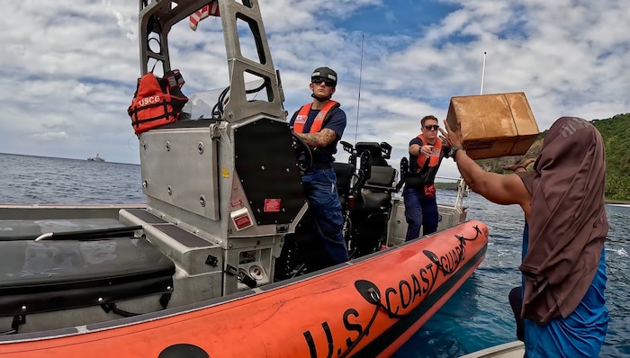 On Feb. 23, 2026, the crew of the USCGC Frederick Hatch (WPC 1143) delivers supplies to the residents of Pagan Island in the Commonwealth of the Northern Mariana Islands in coordination with the Northern Islands mayor's office and a routine Operation Rematau patrol.