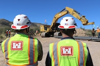 Lt. Col. Jeffrey Beeman, South Pacific Border Task Force commander, and Greg Hegge, director of programs and deputy engineer, oversee the installation of the first border barrier panel at the National Defense Area One, or NDA-1, project site March 3 near Antelope Wells, New Mexico. USACE is installing border barriers along the southern border of the U.S. at the direction of the U.S. Army by the Secretary of War, in response to the presidential national emergency declaration, dated Jan. 20, 2025, authorizing the use of Section 2808 of Title 10, U.S. Code.