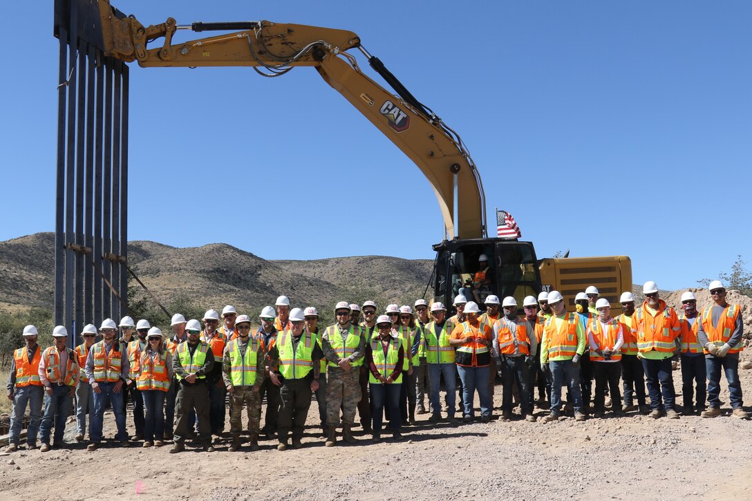 U.S. Army Corps of Engineers South Pacific Border Task Force installs the first border barrier panel at the National Defense Area One, or NDA-1, project site March 3 near Antelope Wells, New Mexico. The NDA-1 project consists of installation of up to six miles of new permanent border barrier with access gates, patrol roadways and access improvements. USACE is installing border barriers along the southern border of the U.S. at the direction of the U.S. Army by the Secretary of War, in response to the presidential national emergency declaration, dated Jan. 20, 2025, authorizing the use of Section 2808 of Title 10, U.S. Code. (No one in this image crossed the international border)