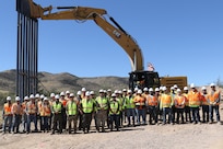U.S. Army Corps of Engineers South Pacific Border Task Force installs the first border barrier panel at the National Defense Area One, or NDA-1, project site March 3 near Antelope Wells, New Mexico. The NDA-1 project consists of installation of up to six miles of new permanent border barrier with access gates, patrol roadways and access improvements. USACE is installing border barriers along the southern border of the U.S. at the direction of the U.S. Army by the Secretary of War, in response to the presidential national emergency declaration, dated Jan. 20, 2025, authorizing the use of Section 2808 of Title 10, U.S. Code. (No one in this image crossed the international border)