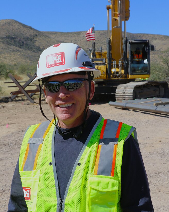 Robert “Rob” Detter, a contracting officer representative assigned to the South Pacific Border Task Force, U.S. Army Corps of Engineers, walks the construction site before the first panel installation at the National Defense Area One, or NDA-1, project site March 3 near Antelope Wells, New Mexico. Detter has completed and supported several border projects to include the Barry M. Goldwater Range project near Yuma, Arizona. USACE is installing border barriers along the southern border of the U.S. at the direction of the U.S. Army by the Secretary of War, in response to the presidential national emergency declaration, dated Jan. 20, 2025, authorizing the use of Section 2808 of Title 10, U.S. Code.
