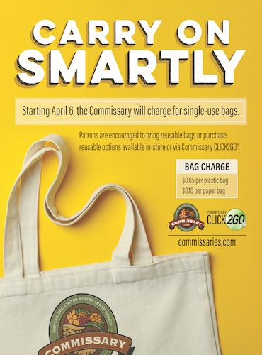 Starting April 6, commissaries will start charging a nominal price for each single-use paper or plastic bag. Cost associated with this change is 5 cents for plastic and 10 cents for paper single-use bags. (DeCA graphic)