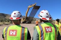 U.S. Army Corps of Engineers South Pacific Border Task Force installs the first border barrier panel at the National Defense Area One, or NDA-1, project site March 3 near Antelope Wells, New Mexico. The NDA-1 project consists of installation of up to six miles of new permanent border barrier with access gates, patrol roadways and access improvements. USACE is installing border barriers along the southern border of the U.S. at the direction of the U.S. Army by the Secretary of War, in response to the presidential national emergency declaration, dated Jan. 20, 2025, authorizing the use of Section 2808 of Title 10, U.S. Code. (No one in this image crossed the international border) (Photo by Robert DeDeaux, USACE Los Angeles District Public Affairs)
