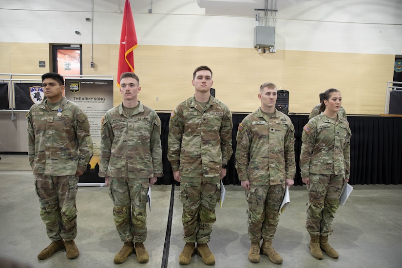U.S. Army Pfc. Iram Sosa, Pfc. Dalton Whitehurst, Spc. Thomas Lovings, Spc. Evan Kelsey and Spc. Isabella Howard are recognized for their participation in the Kentucky Enlistment Enhancement Program (KEEP), during a ceremony at Boone National Guard Center in Frankfort, Nov. 19, 2025. KEEP is an initiative that pays Soldiers for enlistments that they refer to the Guard. (U.S. Army National Guard photo by Milt Spalding)