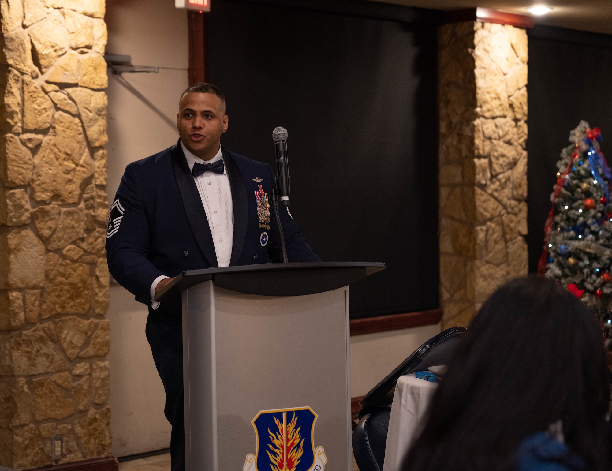 U.S. Air Force Senior Master Sgt. Kristopher Mack provides remarks during an Airman Leadership School Class graduation, at Altus Air Force Base, Oklahoma, Dec. 18, 2025. Mack served as the Senior Enlisted Advisor for ALS Class 26-A where he said it was inspiring to mentor his replacements. (Courtesy photo)