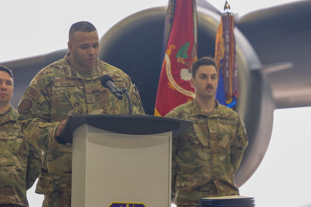 U.S. Air Force Senior Master Sgt. Kristopher Mack, 58th Airlift Squadron senior enlisted leader, provides opening remarks during a Joint Medal Ceremony with the U.S. Army, at Altus Air Force Base, Okla., March 4, 2026. Mack said it was the highlight of his career to see his unit be recognized for the effort they continue to put into their relationship with joint partners. (Courtesy photo)