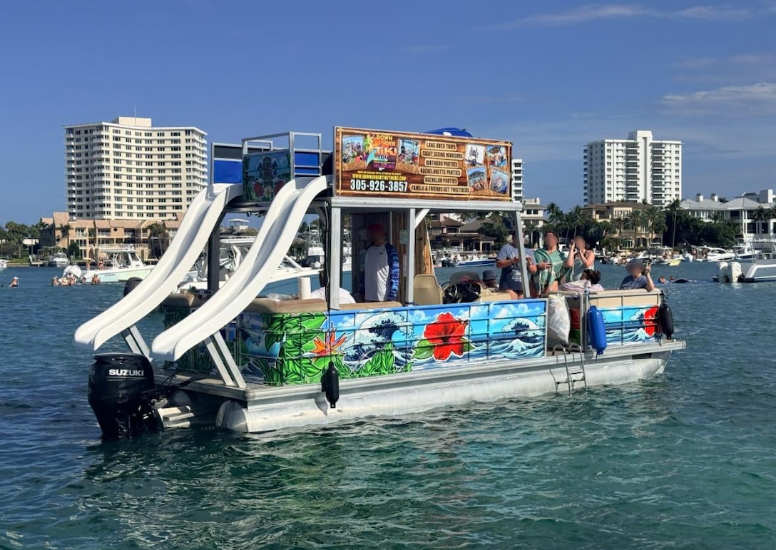 Coast Guard Sector Miami law enforcement officers, along with federal and state law enforcement partners, conduct a boarding of a 26-foot vessel, Down Under Tiki, in the vicinity of Boca Raton, Florida, March 14, 2026. During the boarding, it was determined that the vessel was being operated as an illegal small passenger vessel with 10 passengers for hire. (U.S. Coast Guard photo)