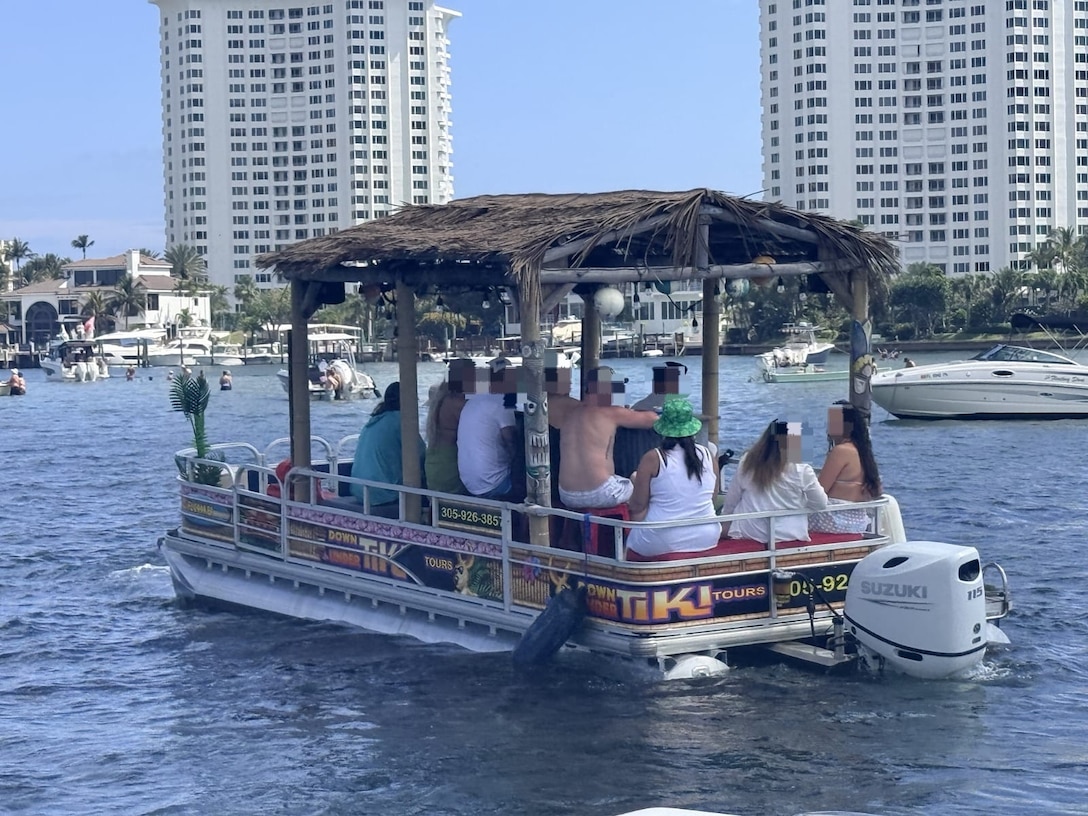 Coast Guard Sector Miami law enforcement officers, along with federal and state law enforcement partners, conduct a boarding of a 25-foot vessel, Tiki Down Under, in the vicinity of Boca Raton, Florida, March 14, 2026. During the boarding, it was determined that the vessel was being operated as an illegal small passenger vessel with 9 passengers for hire. (U.S. Coast Guard photo)