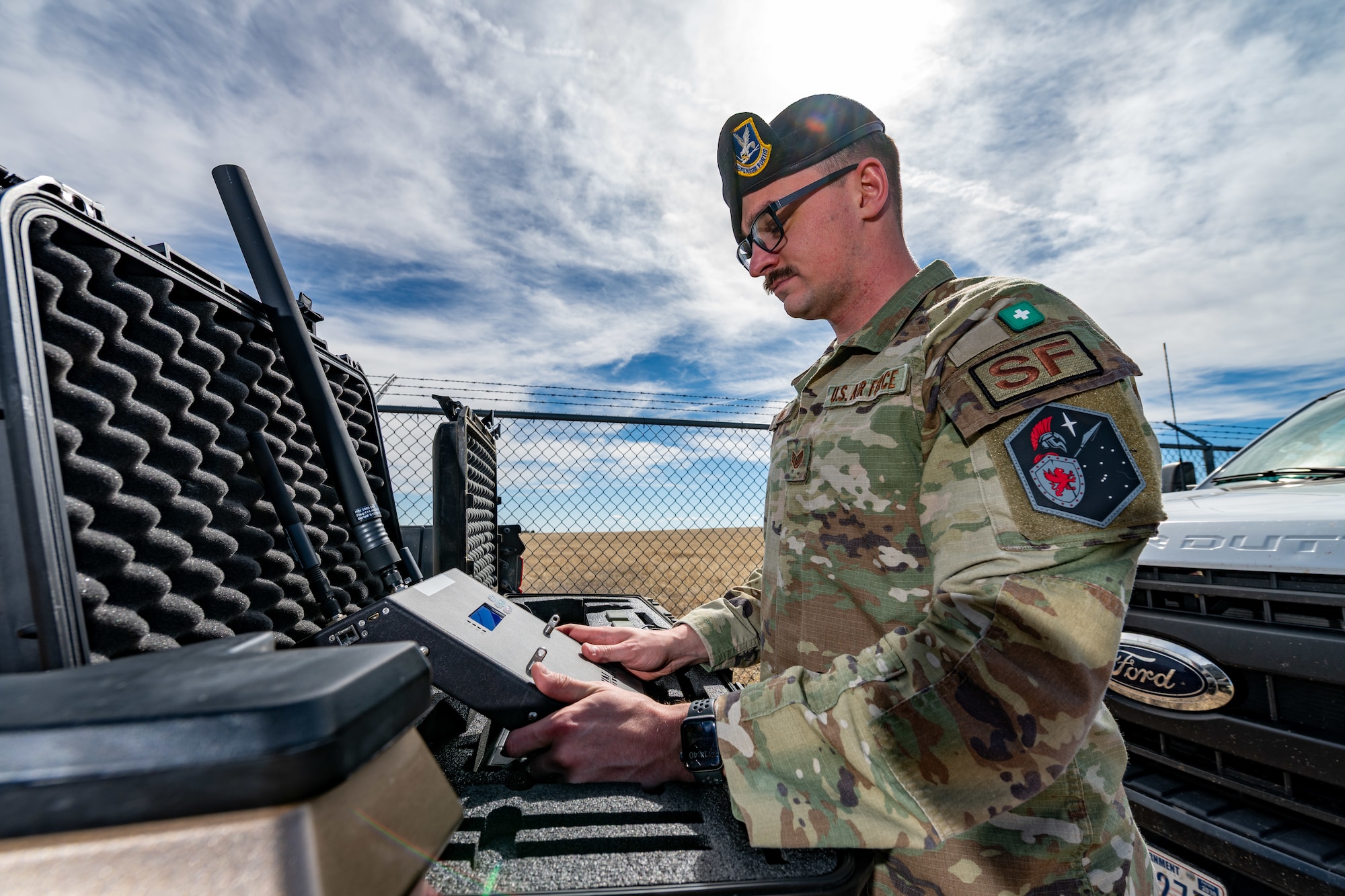 A Defender uses drone detection equipment.