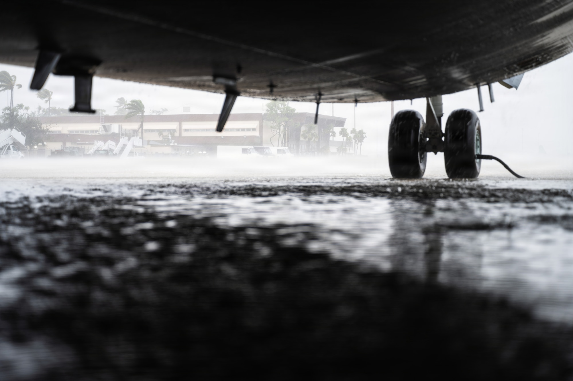 A view from under a large U.S. Air Force aircraft. Trees and buildings are being hit by a large amount of rain and wind blows the palm trees leaves in one direction