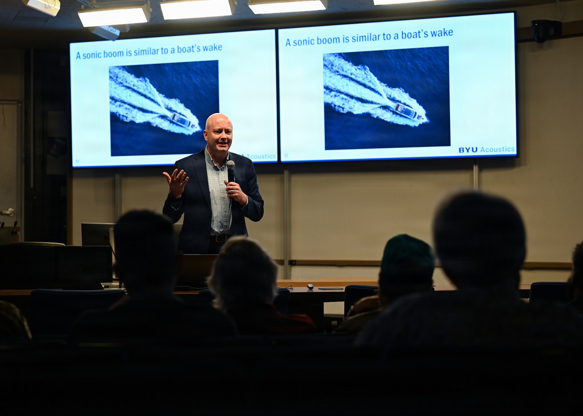 U.S. Space Force Col. James T. Horne III, Space Launch Delta 30 commander and Dr. Kent Gee, Brigham Young University physics professor and lead researcher for the Department of the Air Force ECOBOOM program addressed community members during a Vandenberg Mission Update speaker series event in Santa Barbara, Calif., March 17, 2026. The briefing provided updates on increased launch activity at Vandenberg Space Force Base and included discussion on sonic boom research, environmental monitoring efforts, and the base’s role in national security space operations.