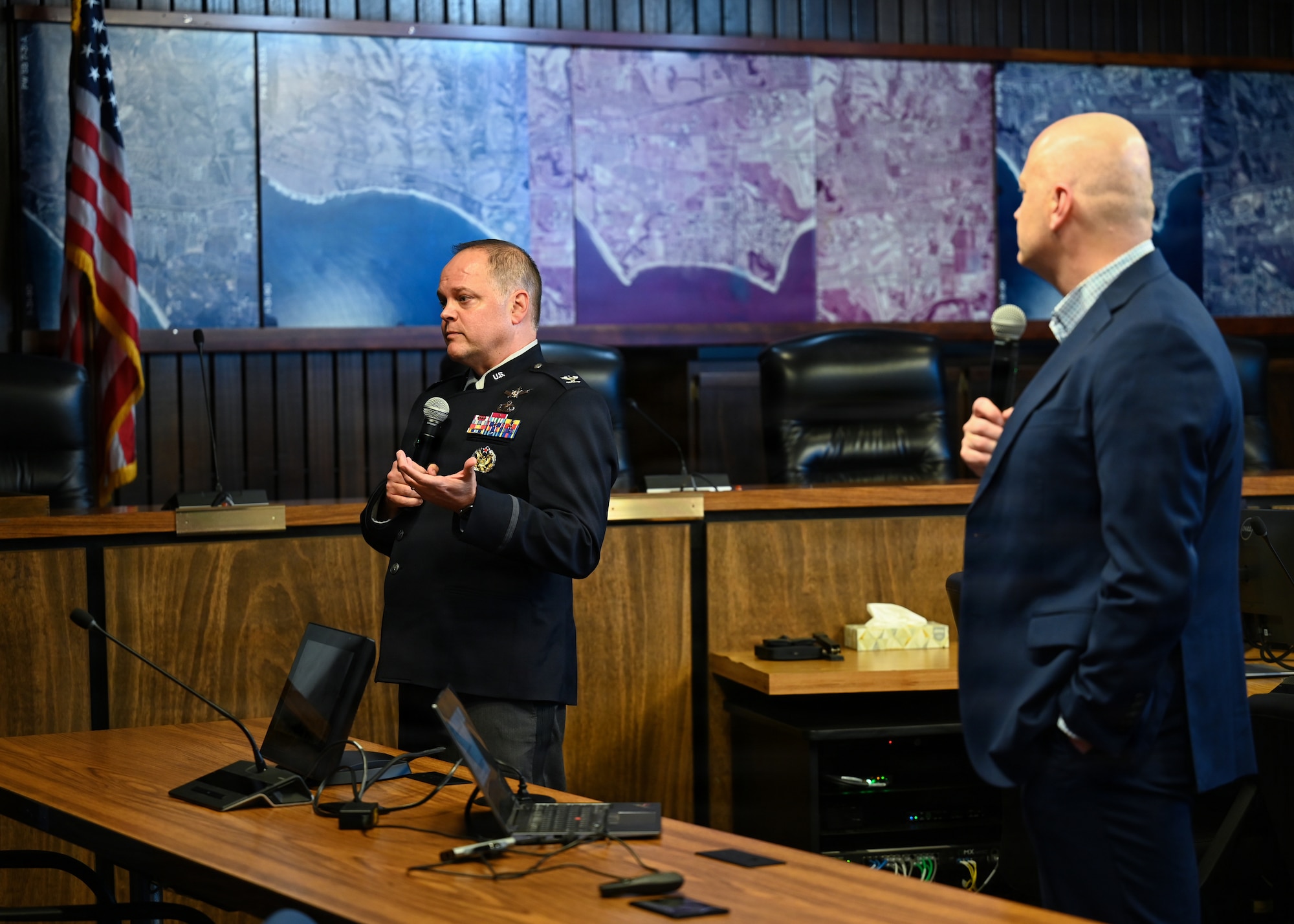 U.S. Space Force Col. James T. Horne III, Space Launch Delta 30 commander and Dr. Kent Gee, Brigham Young University physics professor and lead researcher for the Department of the Air Force ECOBOOM program addressed community members during a Vandenberg Mission Update speaker series event in Santa Barbara, Calif., March 17, 2026. The briefing provided updates on increased launch activity at Vandenberg Space Force Base and included discussion on sonic boom research, environmental monitoring efforts, and the base’s role in national security space operations.