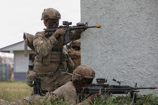Soldiers from 5th Battalion, 20th Infantry Regiment, 1-2 Stryker Brigade Combat Team, 7th Infantry Division provide security while approaching the objective during Military Operations in Urban Terrain (MOUT) training, March 14, 2026, at the Special Warfare Training Center in Lop Buri, Thailand.