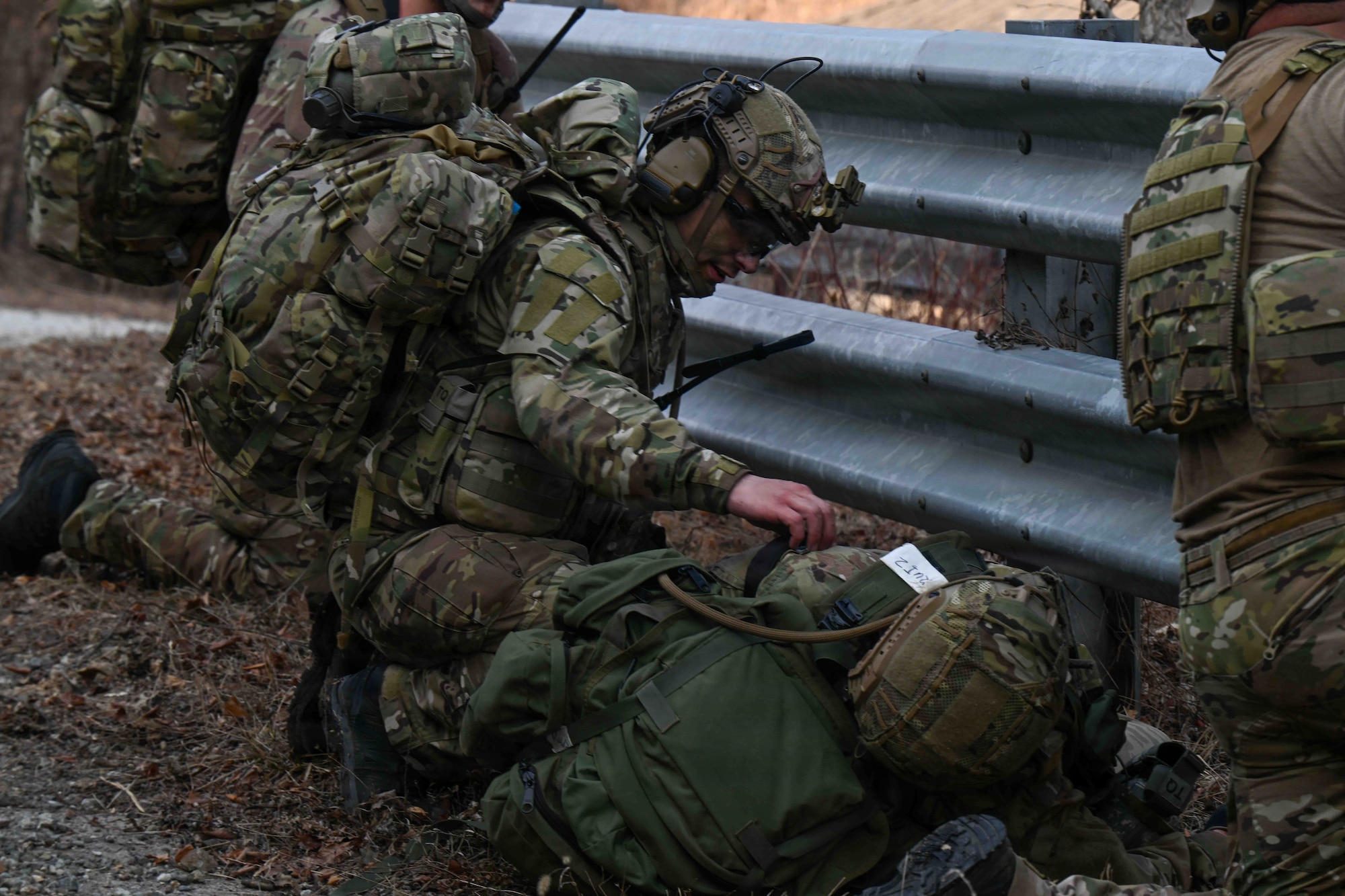 U.S. Air Force Airmen from the 607th Air Support Operations Group simulate medical response tactics during combat readiness training at Rodriguez Live Fire Complex, Republic of Korea, March 17, 2026.