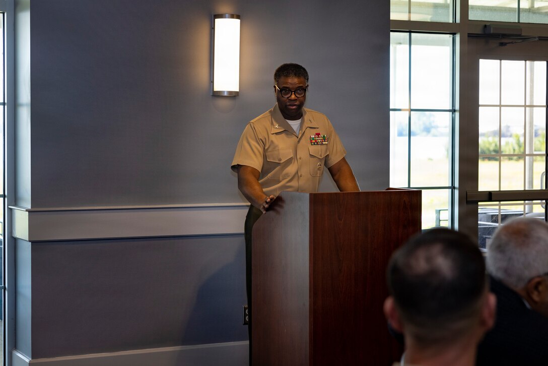 Col. Gregory Pace, deputy commander, Marine Corps Installations East-Marine Corps Base Camp Lejeune, addresses elected officials and Marine Corps leaders during a community partnership meeting at The Landing on Marine Corps Air Station New River, Jacksonville, North Carolina, March 17, 2026. The meeting brought together military and local government leaders to discuss regional growth, infrastructure, and shared efforts to support the installation, surrounding communities and quality of life for service members and their families. (U.S. Marine Corps photo by Cpl. Jessica J. Mazzamuto)
