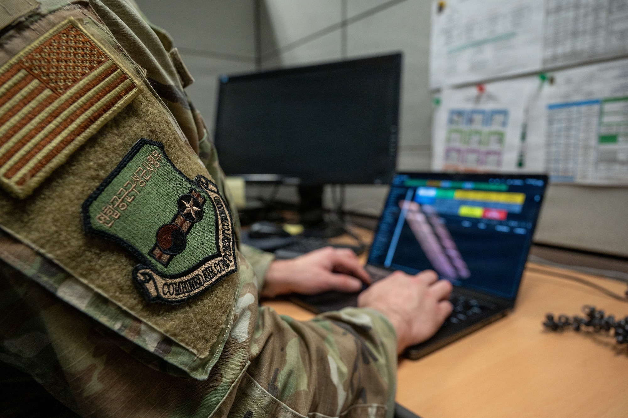 A U.S. Air Force Airman assigned to the Combined Air Component Command uses the Command and Control Incident Management Emergency Response Application during exercise Freedom Shield at Osan Air Base, Republic of Korea, March 11, 2026.