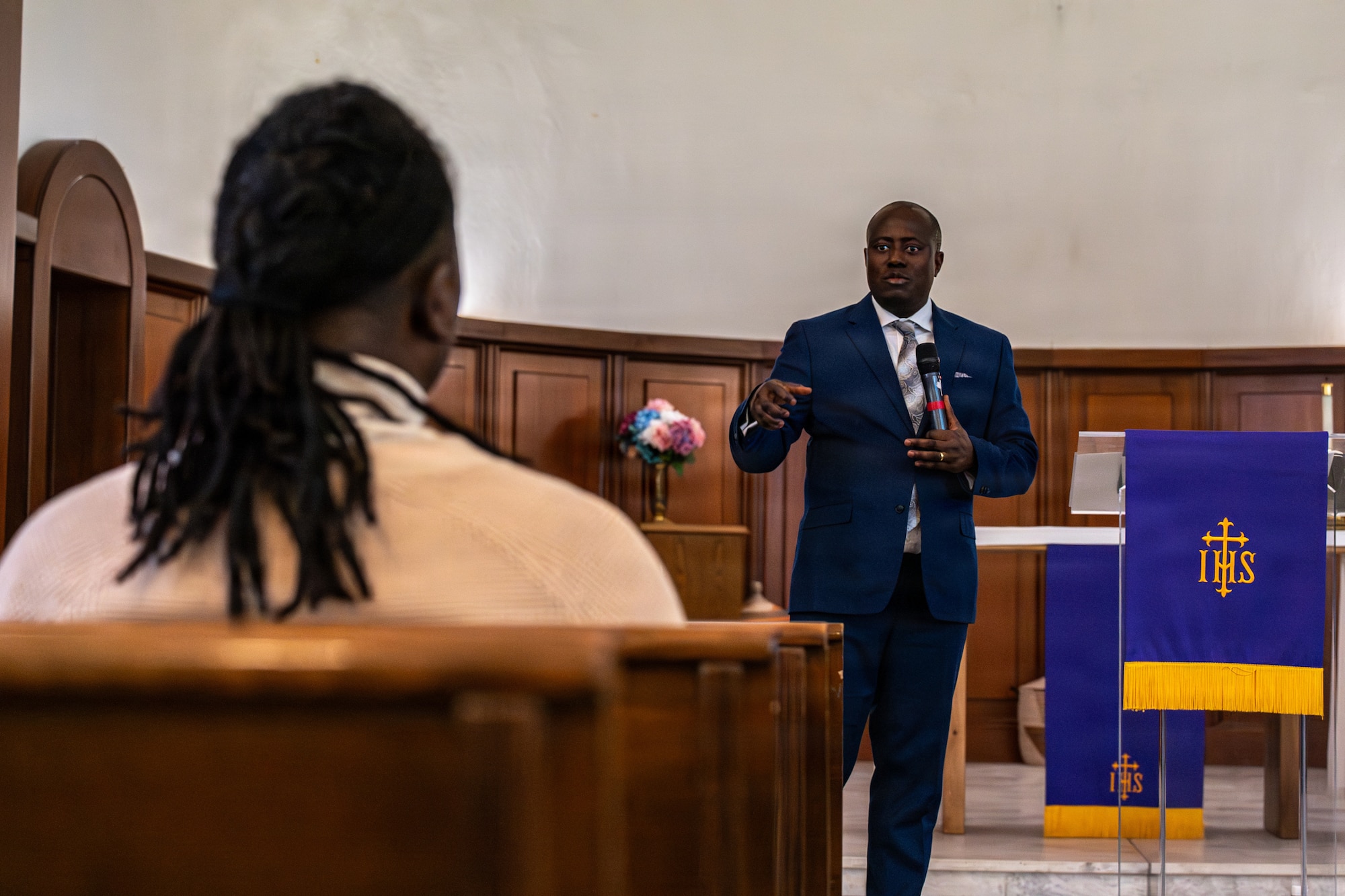 U.S. Air Force Capt. Rotimi Adedokun, 86th Chaplain Corps chaplain, offers insight on leadership to participants of the Exceptional Leadership Forum at Vogelweh Chapel, Germany, March 15. 2026.