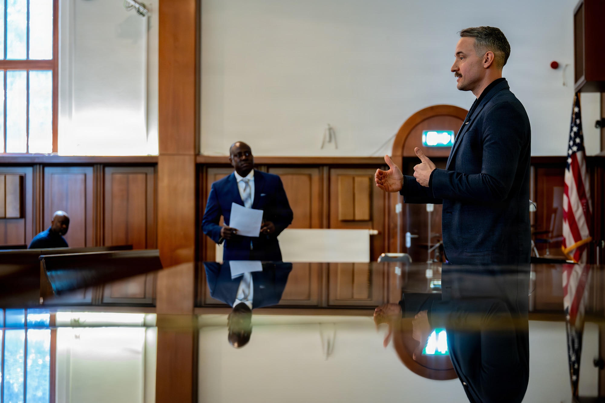 U.S. Air Force Lt. Col. James R. Morris, 37th Airlift Squadron commander, answers questions from participants of the Exceptional Leadership Forum at Vogelweh Chapel, Germany, March 15. 2026.