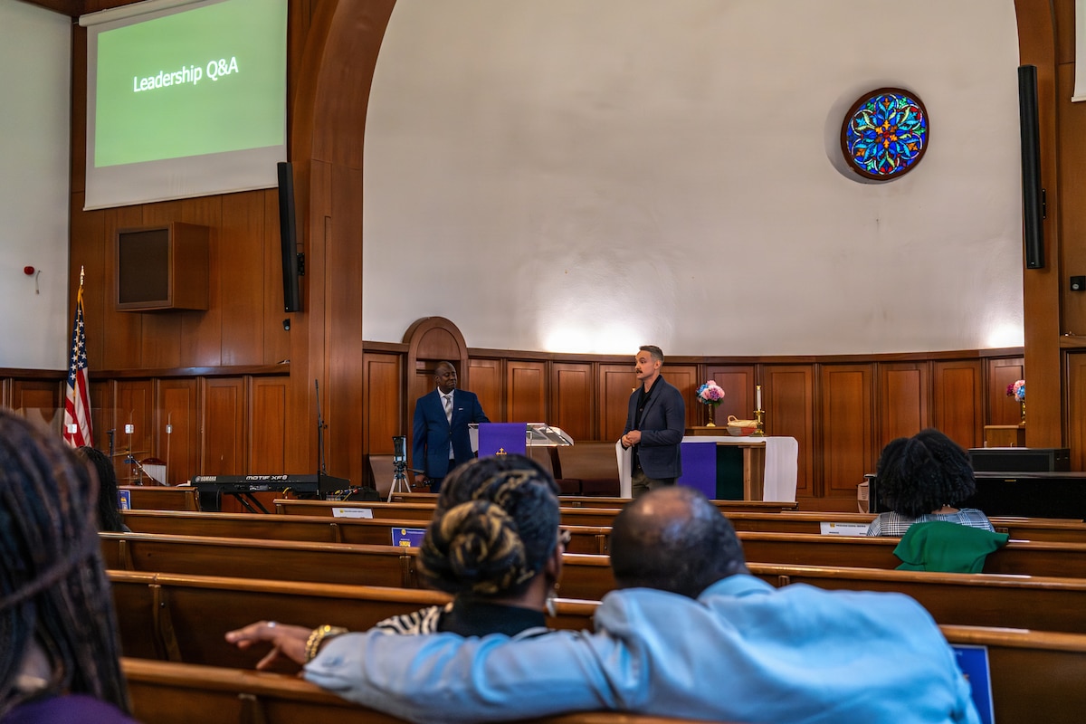 U.S. Air Force Lt. Col. James R. Morris, 37th Airlift Squadron commander, speaks to participants of the Exceptional Leadership Forum at Vogelweh Chapel, Germany, March 15. 2026.
