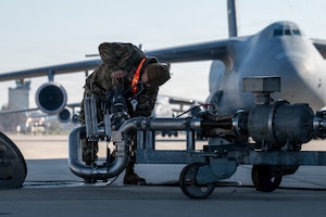 Airman 1st Class Gavan Ko, 86th Logistics Readiness Squadron fuels distributor, refuels a C-5M Super Galaxy at Ramstein Air Base, Germany, March 4, 2026.