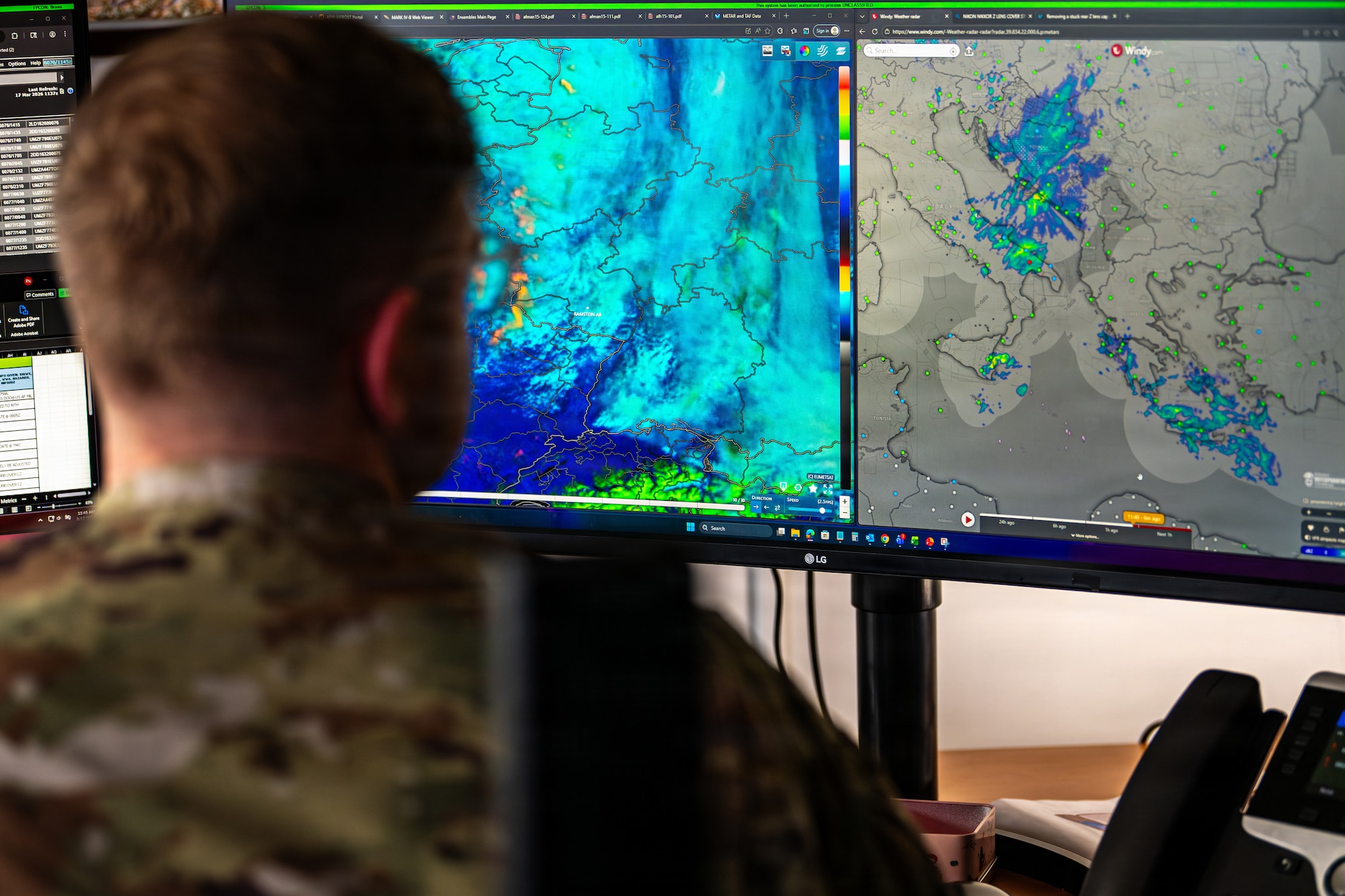 U.S. Air Force Airman 1st Class Nicholas Fuller, 86th Operations Support Squadron weather apprentice, reviews radar and satellite imagery at Ramstein Air Base, Germany, March 17, 2026.