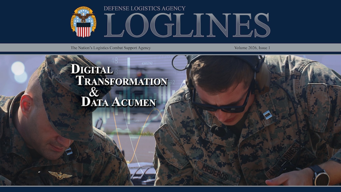 A magazine cover shows two Marines and the title "Loglines: Digital Transformation and Data Acumen"