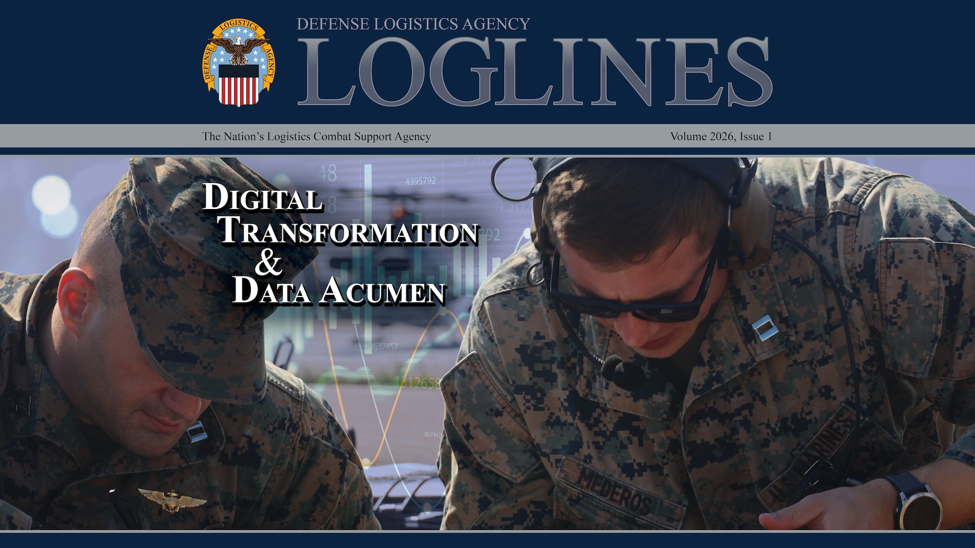 A magazine cover shows two Marines and the title "Loglines: Digital Transformation and Data Acumen"